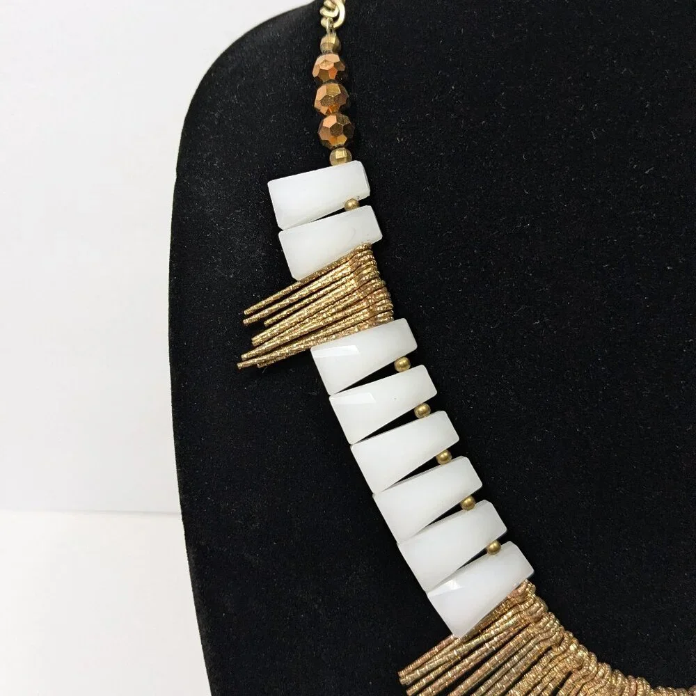 Nakamol Asymmetrical Bib Statement Necklace Gold Tone White Beaded Avant Garde